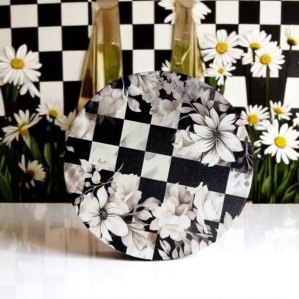 mckenzie child kitchen decor and coasters
preppy ceramic coasters courtly check black white checkered pattern luxury floral design cork back decor